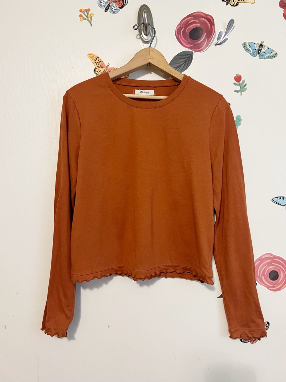 Madewell Rust Long-Sleeve Crewneck Top with Lettuce Hem